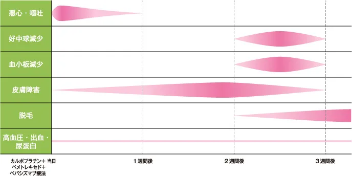 【副作用の出やすい時期と相対的頻度のイメージ図】