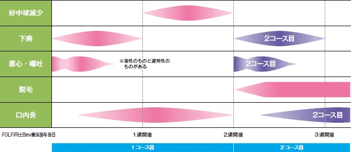 副作用の出やすい時期と相対的頻度のイメージ図