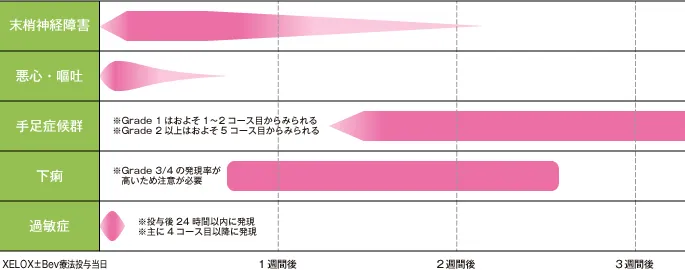 副作用の出やすい時期と相対的頻度のイメージ図