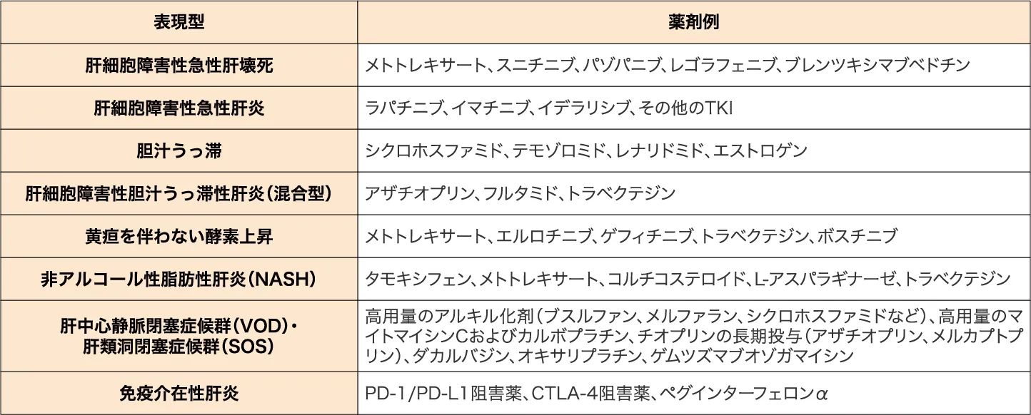 薬剤性肝障害の主な表現型と薬剤例