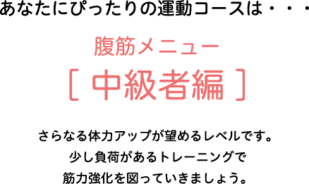 あなたにぴったりの運動コースは・・・腹筋メニュー[中級者編]　さらなる体力アップが望めるレベルです。少し負荷があるトレーニングで筋力強化を図っていきましょう。